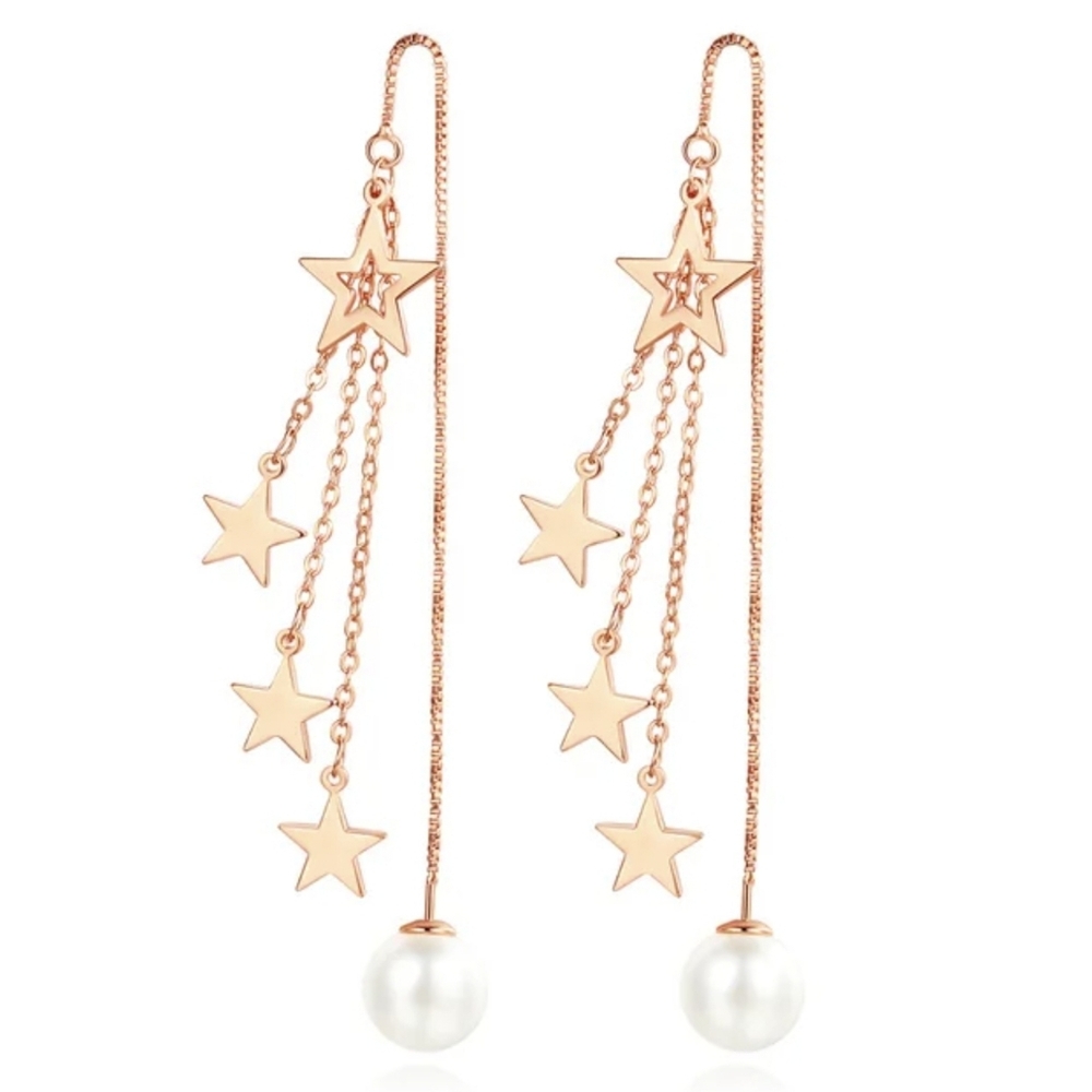 Sterling Silver Dangling Chain Earing for Women,Star,Pearl,Gift,Teens,Bridal